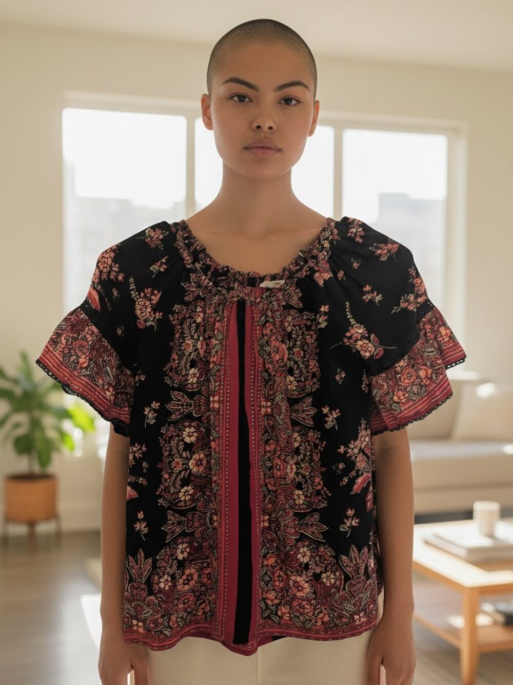 Angie Girls BOHO floral print tunic gathered neckline Size M